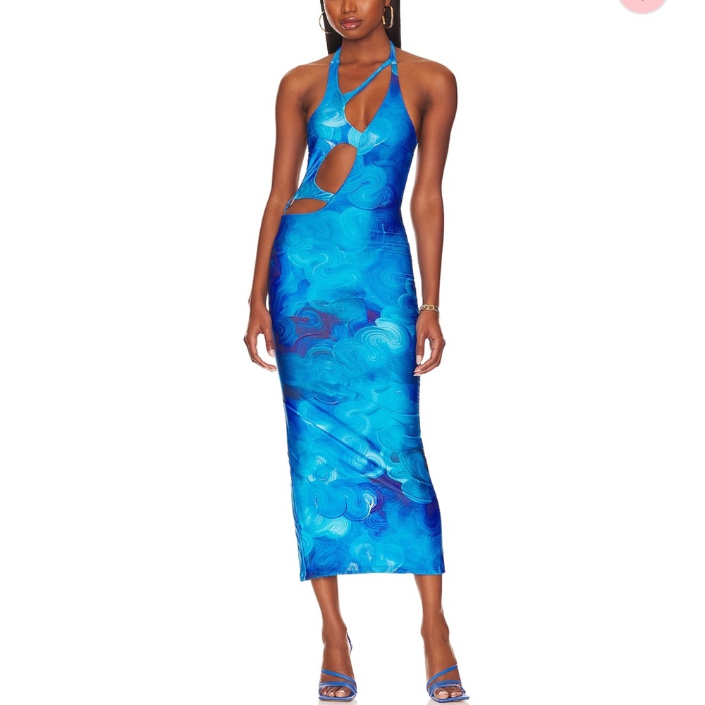 Farai London Blue Keyhole Cutout Halter Midi Dress